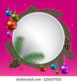 Ð¡hristmas background with fir branches and decorations on pink