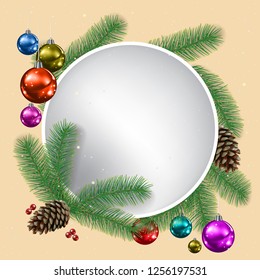 Сhristmas background with fir branches and decorations on beige