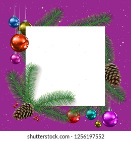 A Сhristmas background with fir branches and decorations on violet