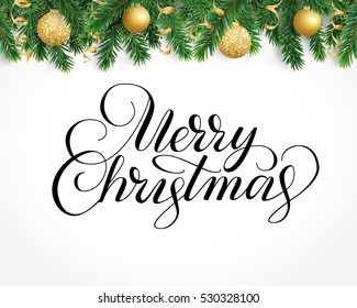 Background with fir tree branches, ornaments and Merry Christmas text. Hanging balls and ribbons. Isolated Christmas tree garland, border. Great for banners, flyers, party posters. Vector illustration