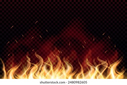 Background with fire and 3d flames effect. Sparks are realistic. Light. Heat transparent background. Bonfire with wood chips. Glow and clouds. Coal Effect. Particle. Cinder and embers. Campfire.