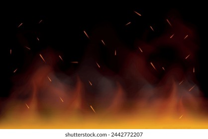 Background with fire and flames. Sparks are realistic. Vector Explosion and burning. Elements for design. Isolated. Light. Heat transparent background. Bonfire with wood chips. Glow and clouds. 