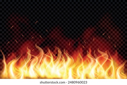 Background with fire and flames. Sparks are realistic. Vector. Isolated. Light. Heat transparent background. Bonfire with wood chips. Glow and clouds. The Coal Effect. Particle. Cinder and embers.