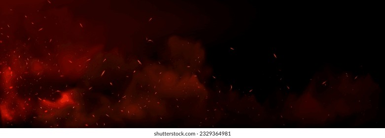 Background with fire sparks, embers and smoke. Overlay effect of burn coal, grill, hell or bonfire with flame glow, flying red sparkles and fog on black background, vector realistic poster