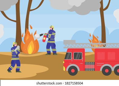 Background With Firefighters Trying To Put Out Fires In The Forest, Flat Cartoon Vector Illustration. Wildfire Disaster Banner With Rescue Team Of Fire Department.