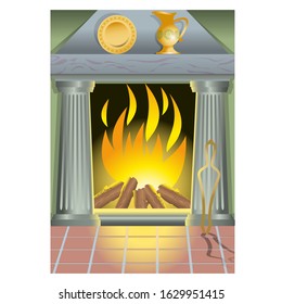 Background. A fireplace with courtyards burning in it. On top of the fireplace are Greek vases.
