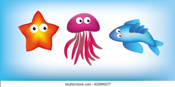background with fish jelly fish and star