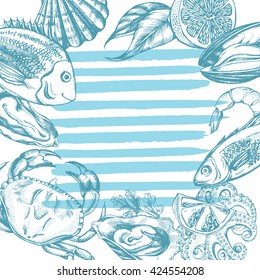 Background with fish and seafood. Hand-drawn elements. Vector Illustration.