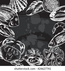 Background with fish and seafood. Hand-drawn elements. Vector Illustration on the blackboard.