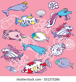 Background with  fishes and cockleshells. Vector illustration 