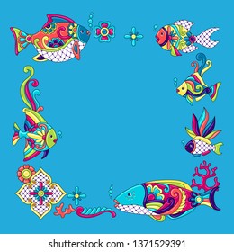 Background with fishes. Mexican ceramic cute naive art. Ethnic decorative objects. Traditional folk floral ornament.