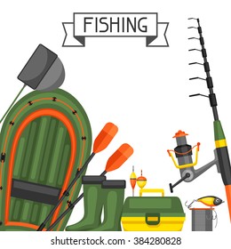 Background with fishing supplies. Design for flayers, covers, brochures and advertising booklets.