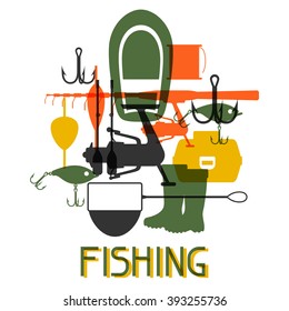 Background with fishing supplies. Design for flayers, covers, brochures and advertising booklets.