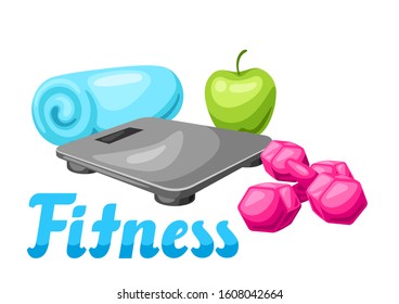 Background with fitness equipment. Sport bodybuilding items illustration. Healthy lifestyle concept.
