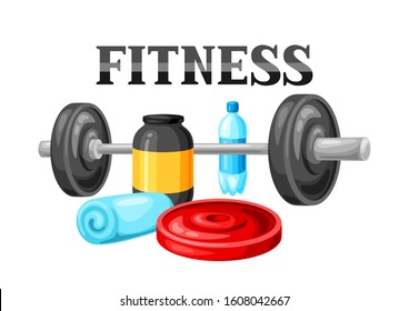 Background with fitness equipment. Sport bodybuilding items illustration. Healthy lifestyle concept.