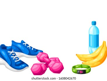 Background with fitness equipment. Sport bodybuilding items illustration. Healthy lifestyle concept.