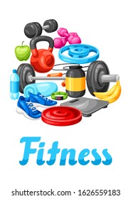 Background with fitness equipment. Sport bodybuilding items illustration. Healthy lifestyle concept.