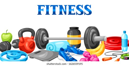 Background with fitness equipment. Sport bodybuilding items illustration. Healthy lifestyle concept.