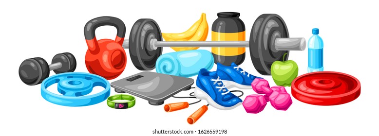 Background with fitness equipment. Sport bodybuilding items illustration. Healthy lifestyle concept.