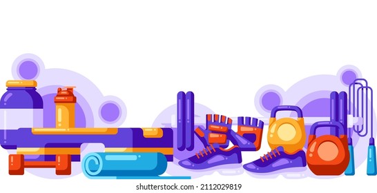Background with fitness equipment. Sport bodybuilding items illustration.
