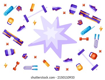 Background with fitness equipment. Sport bodybuilding items illustration.