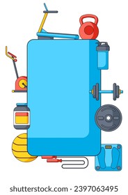 Background with fitness equipment. Sport bodybuilding items illustration.