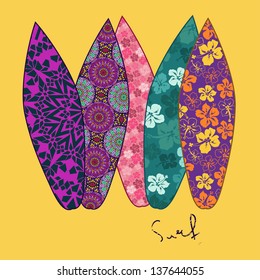 Background with five colorful printed surfboard