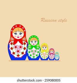 Background with five Russian dolls and place for the text. Matreshka is traditional souvenir from Russia. Russian style.