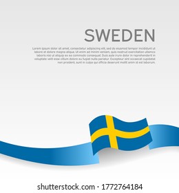 Background with flag of sweden. Sweden flag with wavy ribbon on a white background. National poster design. Business booklet. State swedish patriotic banner, flyer. Vector illustration