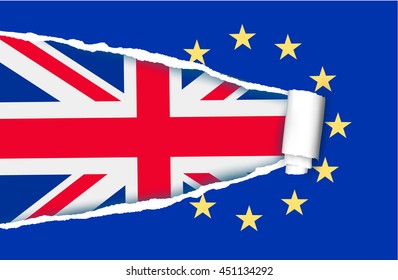 Background with flag of the UK and ripped flag of EU. Brexit concept. Vector.
