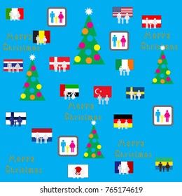Background with flags Austria, Germany, the United States of America, Finland, France, Thailand, Italy, Turkey, and the family. Print for the designer. A business card for a Christmas holiday. 