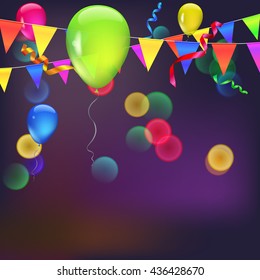 Background with flags, garlands, streamers and balloons for your presentation. Greeting card with bokeh effect on background. Colored flags, pennants, streamers and balloons with glow and bokeh effect