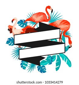 Background with flamingo. Tropical bright abstract birds and palm leaves.