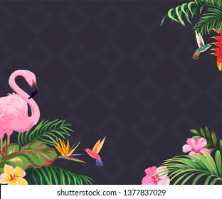 Background with flamingos, hummingbirds and tropical flowers