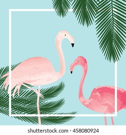 Background with flamingos and palm tree leaves. Pink flamingos and palm tree leaves vector.