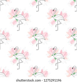  background with flamingos. A simple pattern. Flamingo and palm branch on a white background. Vector