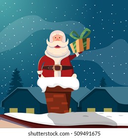 Background with flat cartoon image of Santa Claus hanging out of chimney with gift box vector illustration