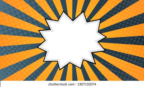 Background in flat comics style design with halftone, lightning and text bubble. Vector illustration - Vettoriale
