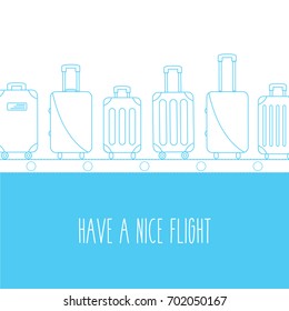 background flat design style. have a nice flight icons. light blue line or outline luggage bag. contour simple suitcase set print on conveyor belt. Baggage claim at terminal airport vector travel bags