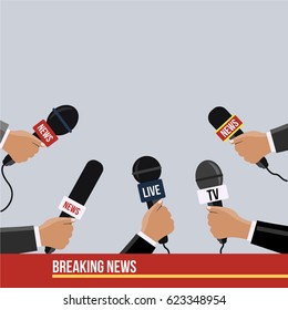 background of flat design style Journalism waiting for speech. Human hands hold Mike. journalists & many mic reporting. Reporters in live & breaking News hold microphones vector on television or tv.