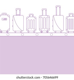 background flat design style. ready to  flight icons. light purple line or outline luggage bag. contour simple suitcase set print on conveyor belt. Baggage claim at terminal airport vector travel bags