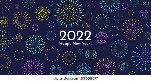 Background with flat geometric colorful fireworks and Happy New Year text. Gorgeous abstract fireworks on dark blue background. Vector design for greeting card, holiday banner, print, cover.