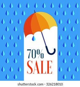 Background with flat icon of colored umbrella and rain. Place for your text. Raindrops, heavy rain. Autumn mood.