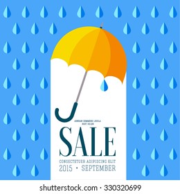 Background with flat icon of colored umbrella and rain. Place for your text. Raindrops, heavy rain. Autumn mood.