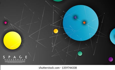 Background of Flat Space with planets and stars. Vector illustration of galaxy