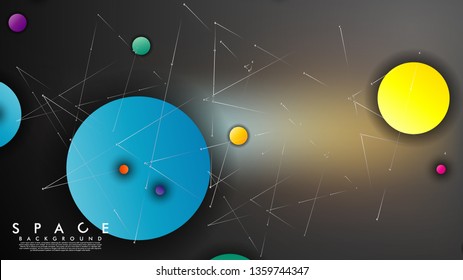 Background of Flat Space with planets and stars. Vector illustration of galaxy