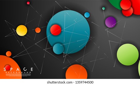Background of Flat Space with planets and stars. Vector illustration of galaxy