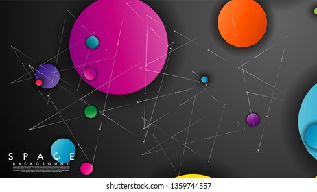 Background of Flat Space with planets and stars. Vector illustration of galaxy