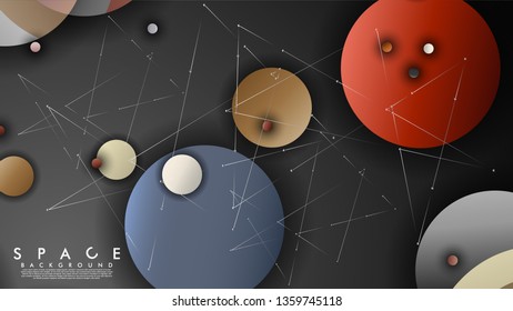 Background of Flat Space with planets and stars. Vector illustration of galaxy