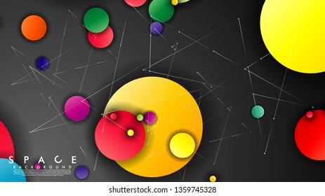Background of Flat Space with planets and stars. Vector illustration of galaxy